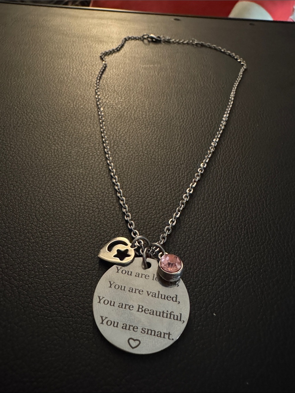 Silver Inspirational Disc Necklace with Pink Crystal Accent